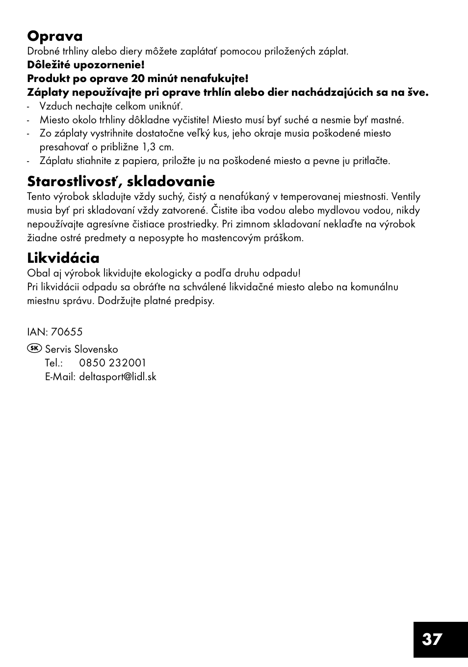 37 oprava, Starostlivosť, skladovanie, Likvidácia | Crivit Inflatable Beach Chair User Manual | Page 37 / 44
