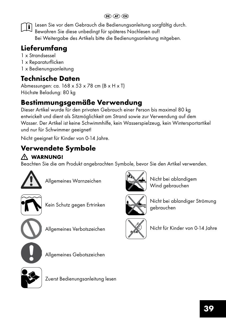 Lieferumfang, Technische daten, Bestimmungsgemäße verwendung | Verwendete symbole | Crivit Inflatable Beach Chair User Manual | Page 39 / 44