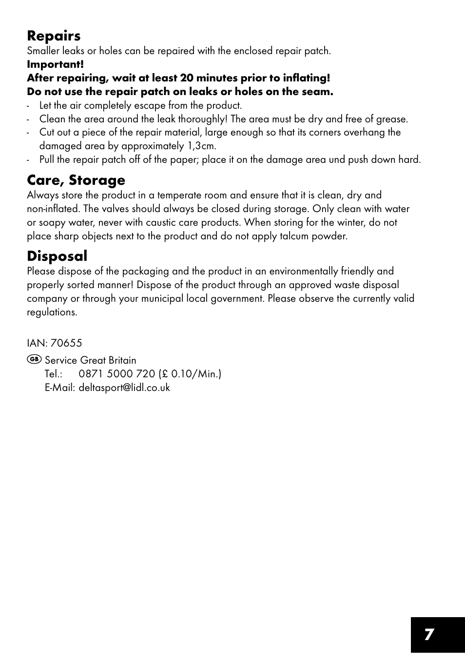 7repairs, Care, storage, Disposal | Crivit Inflatable Beach Chair User Manual | Page 7 / 44