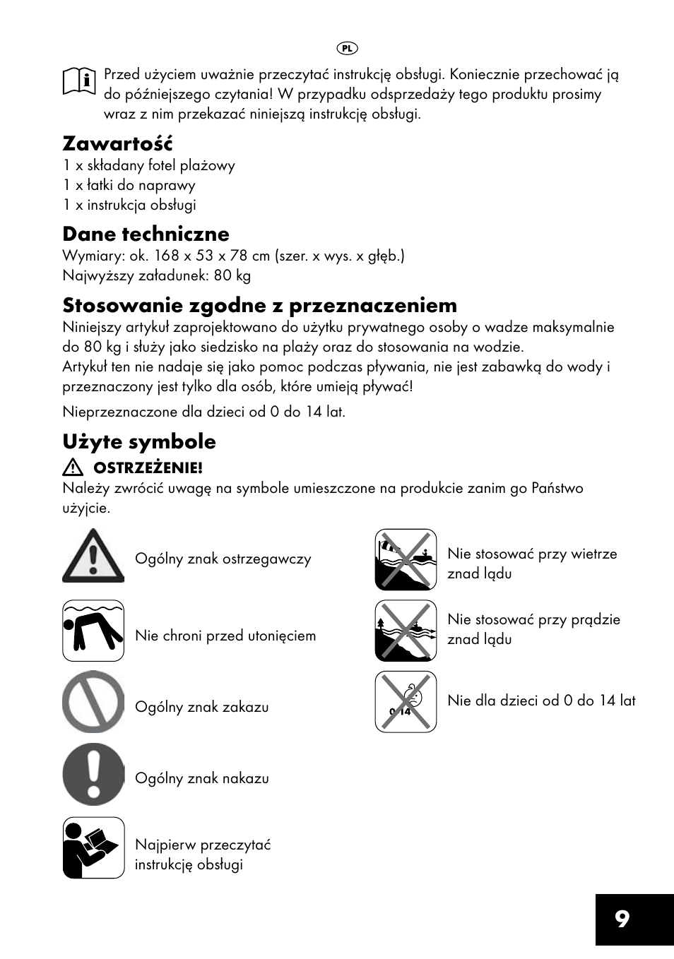 Zawartość, Dane techniczne, Stosowanie zgodne z przeznaczeniem | Użyte symbole | Crivit Inflatable Beach Chair User Manual | Page 9 / 44