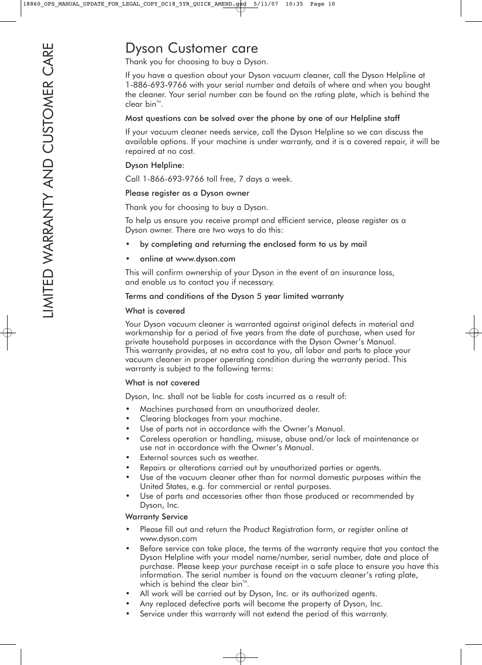 Dyson customer care, Limited w arranty and cust omer care | DYSON DC18 User Manual | Page 10 / 16