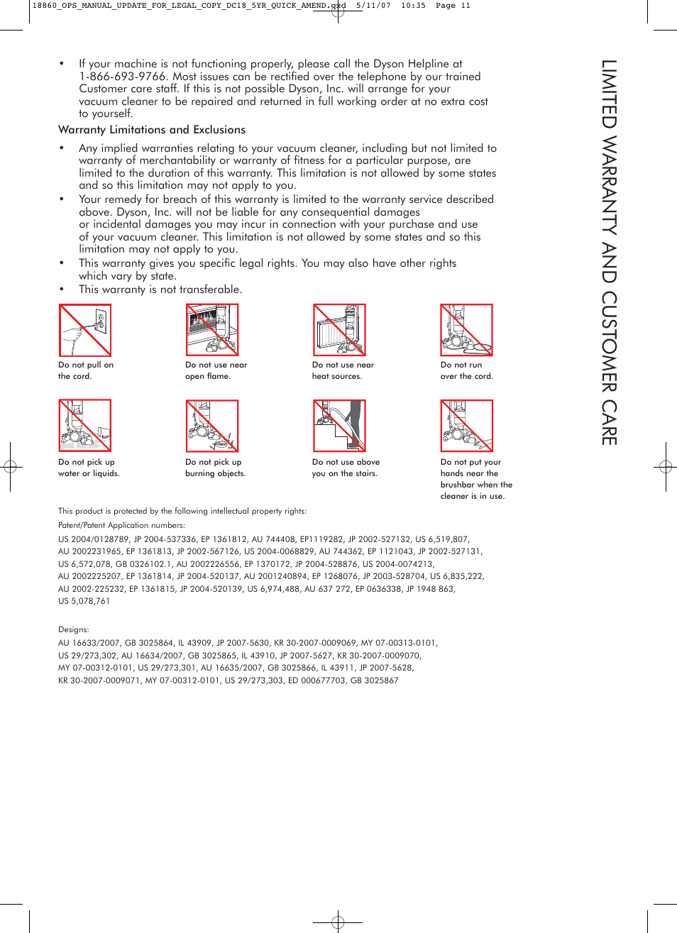 Limited w arranty and cust omer care | DYSON DC18 User Manual | Page 11 / 16