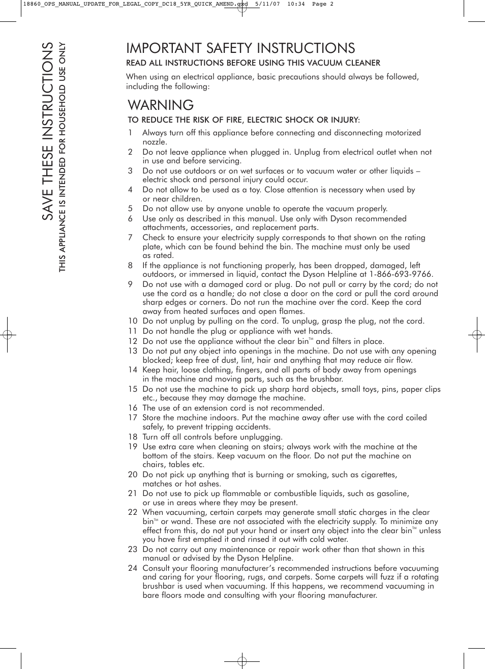 Warning, Important safety instructions, Sa ve these instructions | DYSON DC18 User Manual | Page 2 / 16