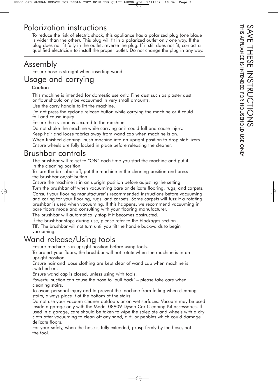 Polarization instructions, Assembly, Usage and carrying | Brushbar controls, Wand release/using tools, Sa ve these instructions | DYSON DC18 User Manual | Page 3 / 16