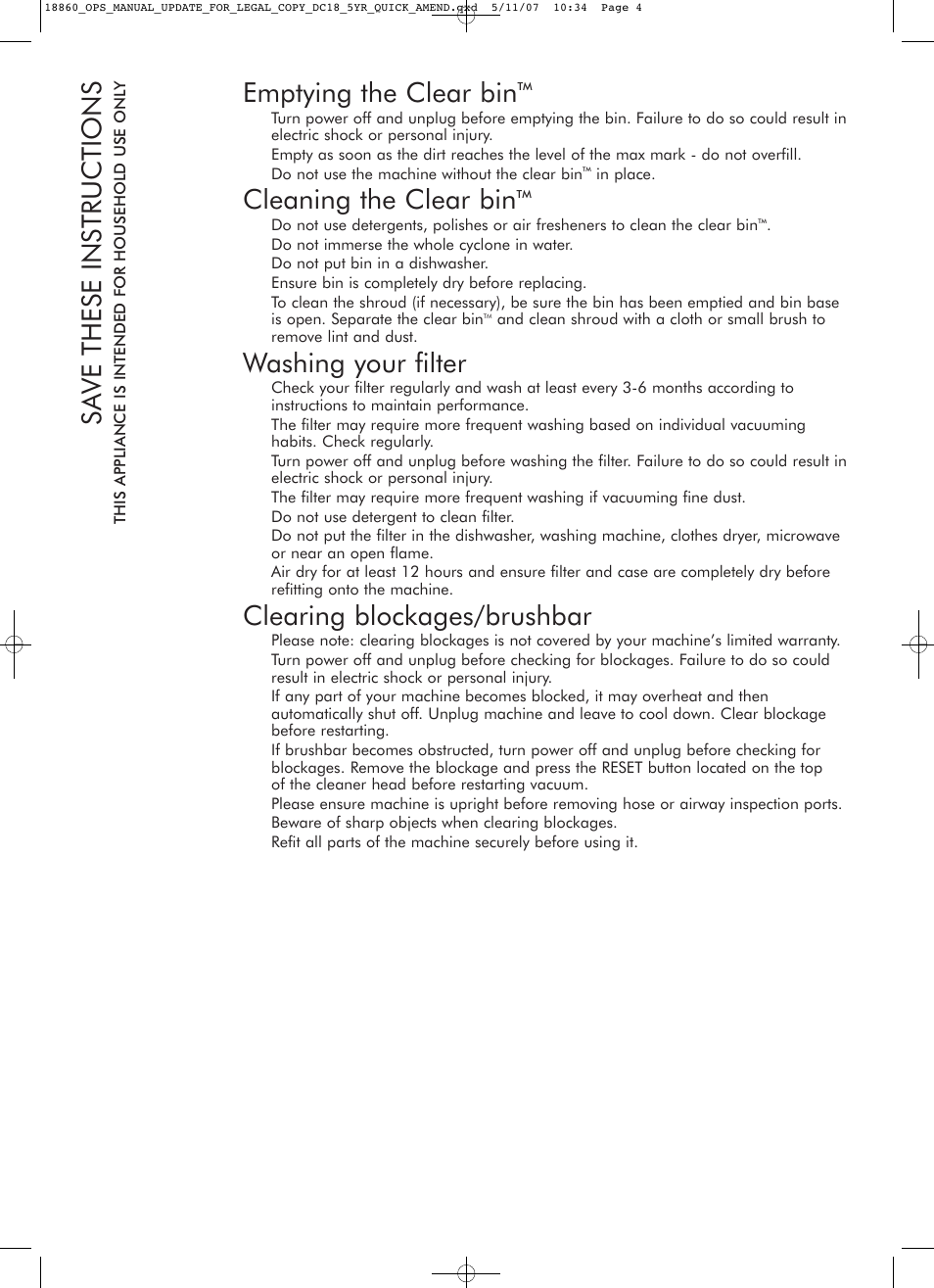 Emptying the clear bin, Cleaning the clear bin, Washing your filter | Clearing blockages/brushbar, Sa ve these instructions | DYSON DC18 User Manual | Page 4 / 16