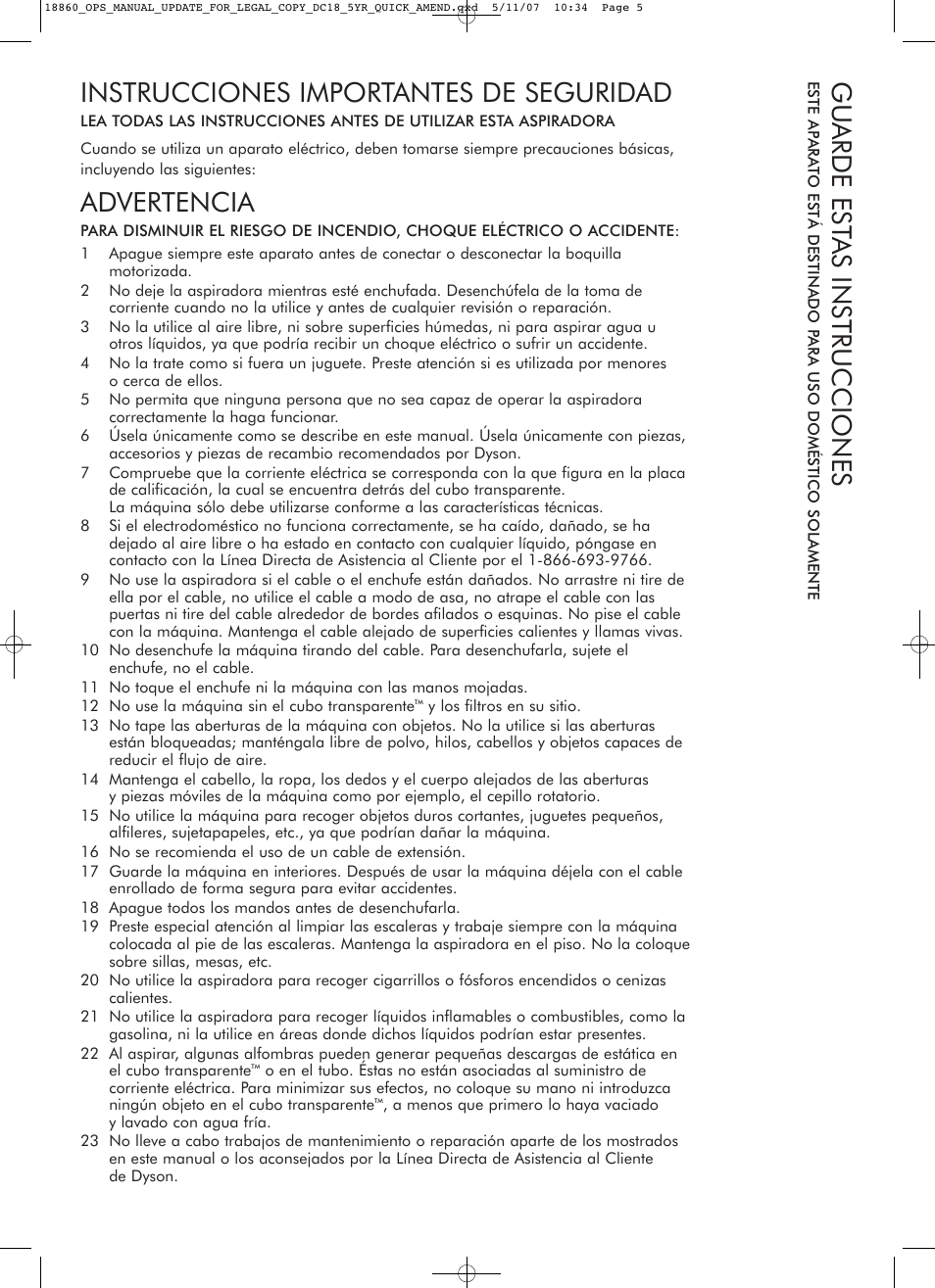 Instrucciones importantes de seguridad, Gu arde est as instrucciones, Advertencia | DYSON DC18 User Manual | Page 5 / 16