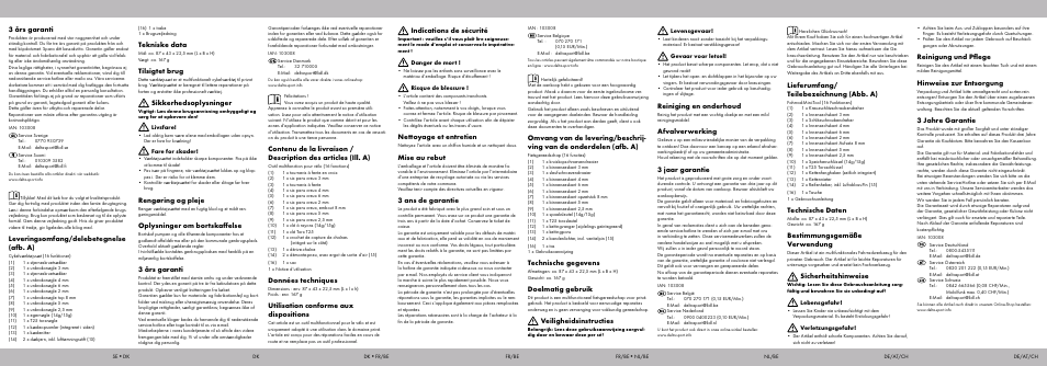 Reiniging en onderhoud, Afvalverwerking, 3 jaar garantie | Indications de sécurité, Nettoyage et entretien, Mise au rebut, 3 ans de garantie, Lieferumfang/ teilebezeichnung (abb. a), Technische daten, Bestimmungsgemäße verwendung | Crivit MT-2059 User Manual | Page 2 / 2