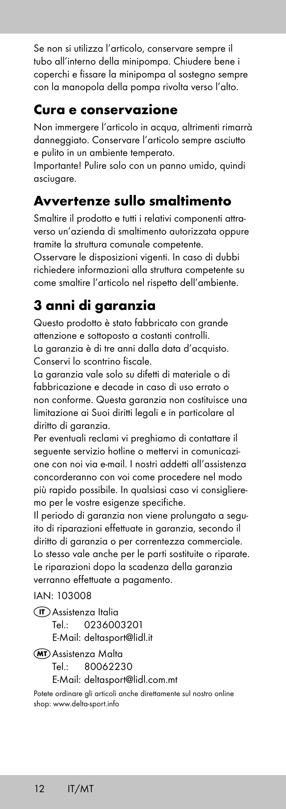 Cura e conservazione, Avvertenze sullo smaltimento, 3 anni di garanzia | Crivit MP-2058 User Manual | Page 12 / 24
