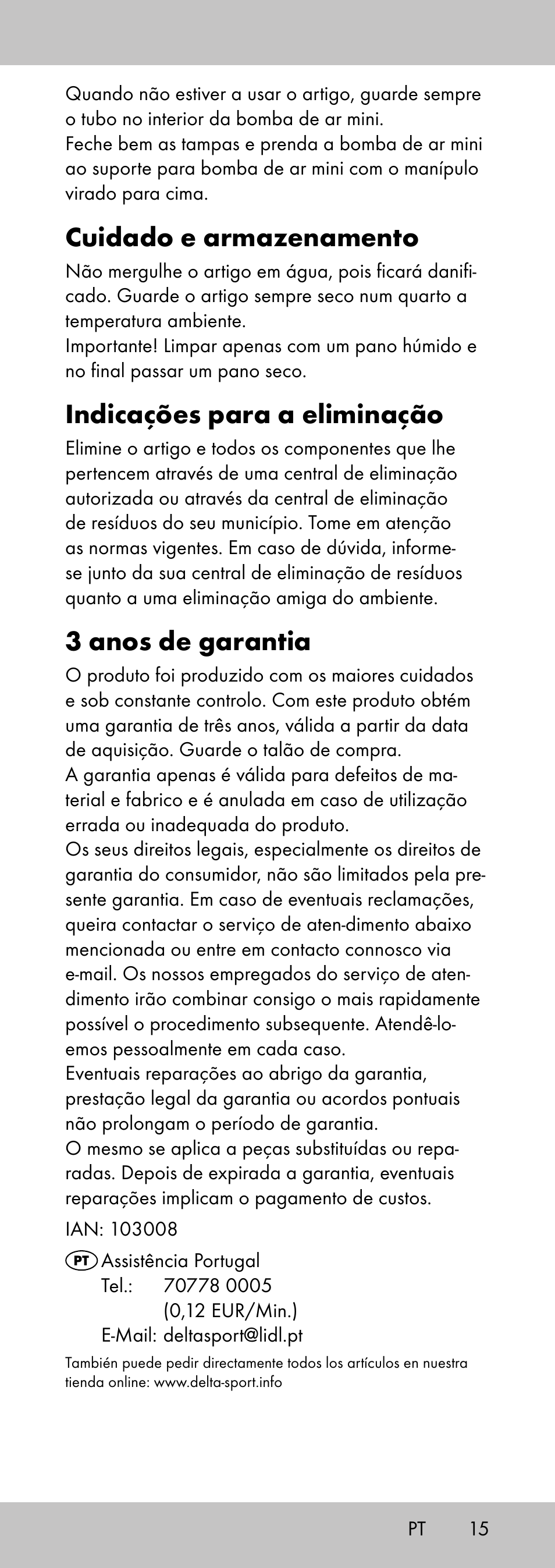 Cuidado e armazenamento, Indicações para a eliminação, 3 anos de garantia | Crivit MP-2058 User Manual | Page 15 / 24