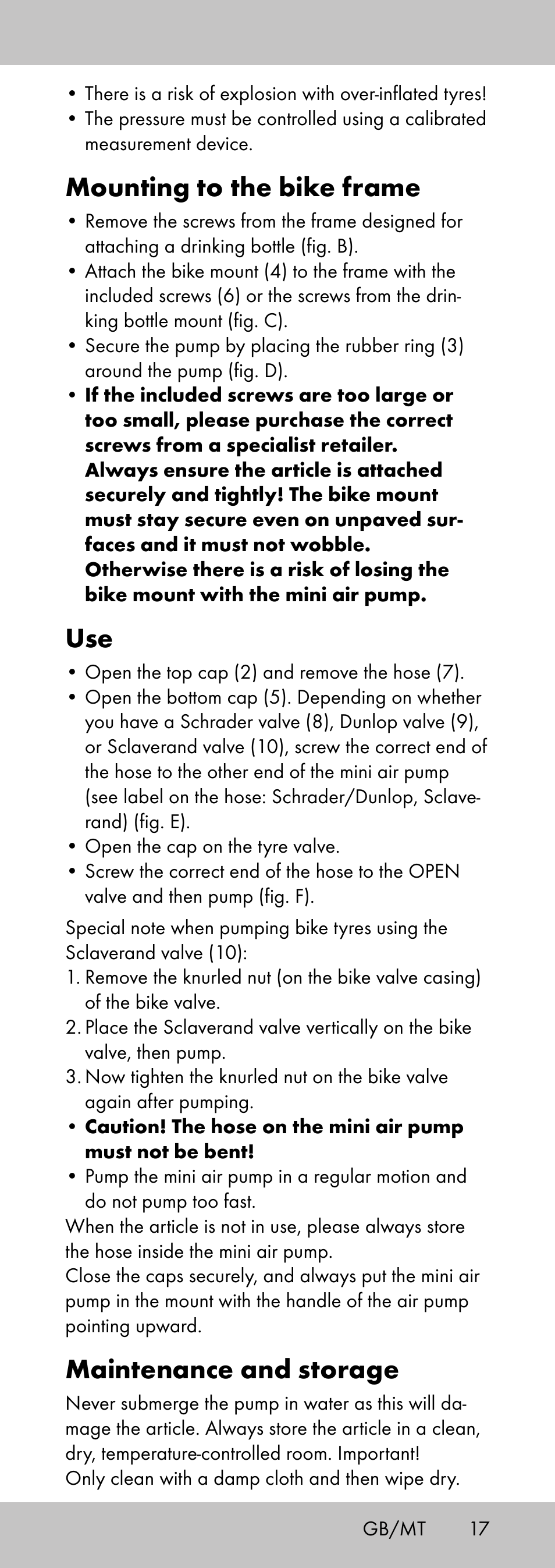 Mounting to the bike frame, Maintenance and storage | Crivit MP-2058 User Manual | Page 17 / 24