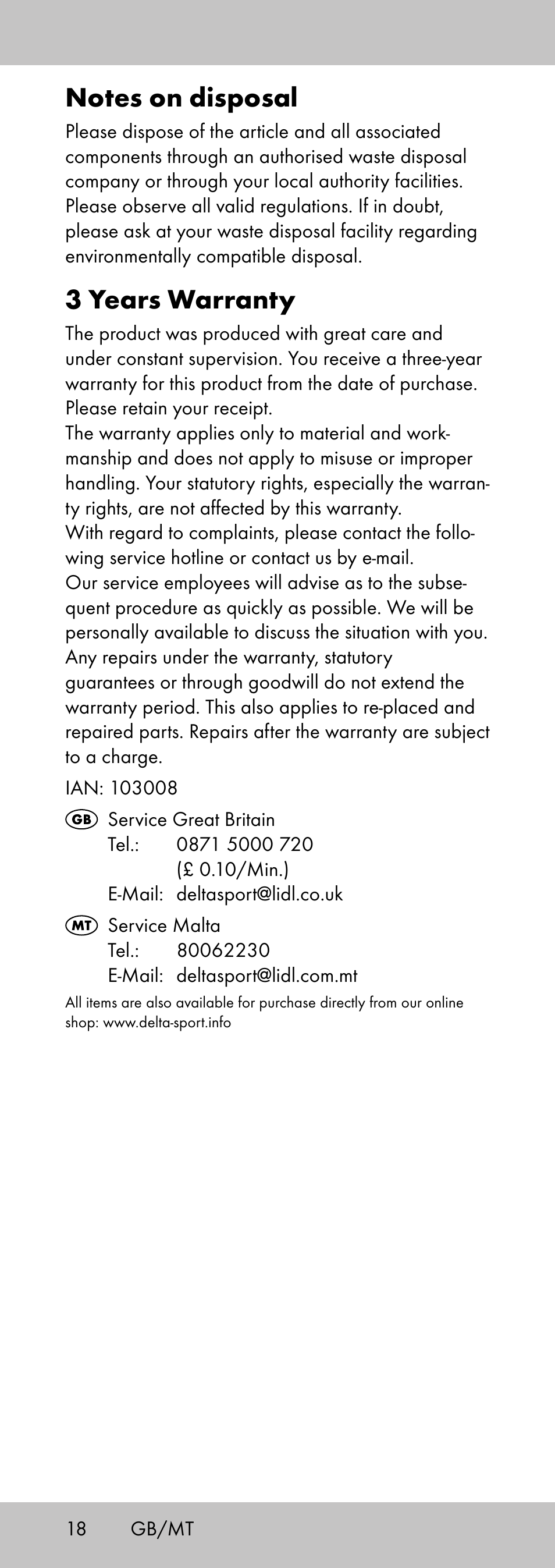 3 years warranty | Crivit MP-2058 User Manual | Page 18 / 24