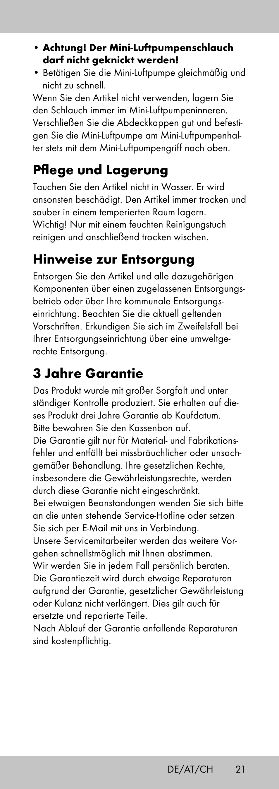 Pflege und lagerung, Hinweise zur entsorgung, 3 jahre garantie | Crivit MP-2058 User Manual | Page 21 / 24