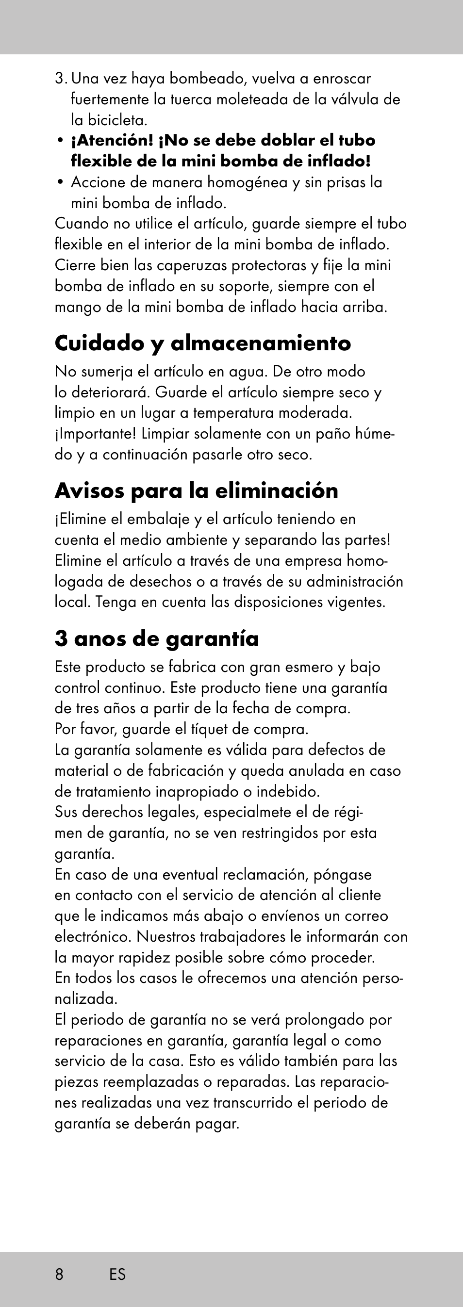 Cuidado y almacenamiento, Avisos para la eliminación, 3 anos de garantía | Crivit MP-2058 User Manual | Page 8 / 24
