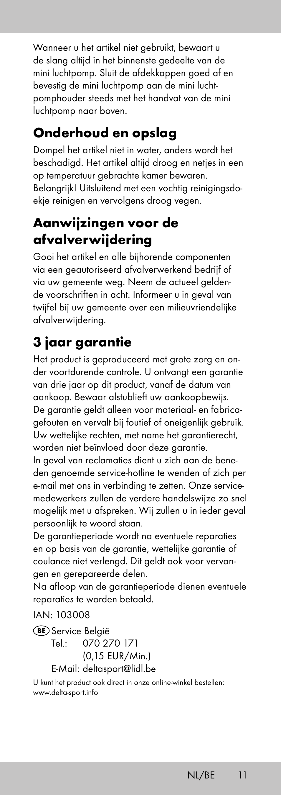 Onderhoud en opslag, Aanwijzingen voor de afvalverwijdering, 3 jaar garantie | Crivit MP-2058 User Manual | Page 11 / 20