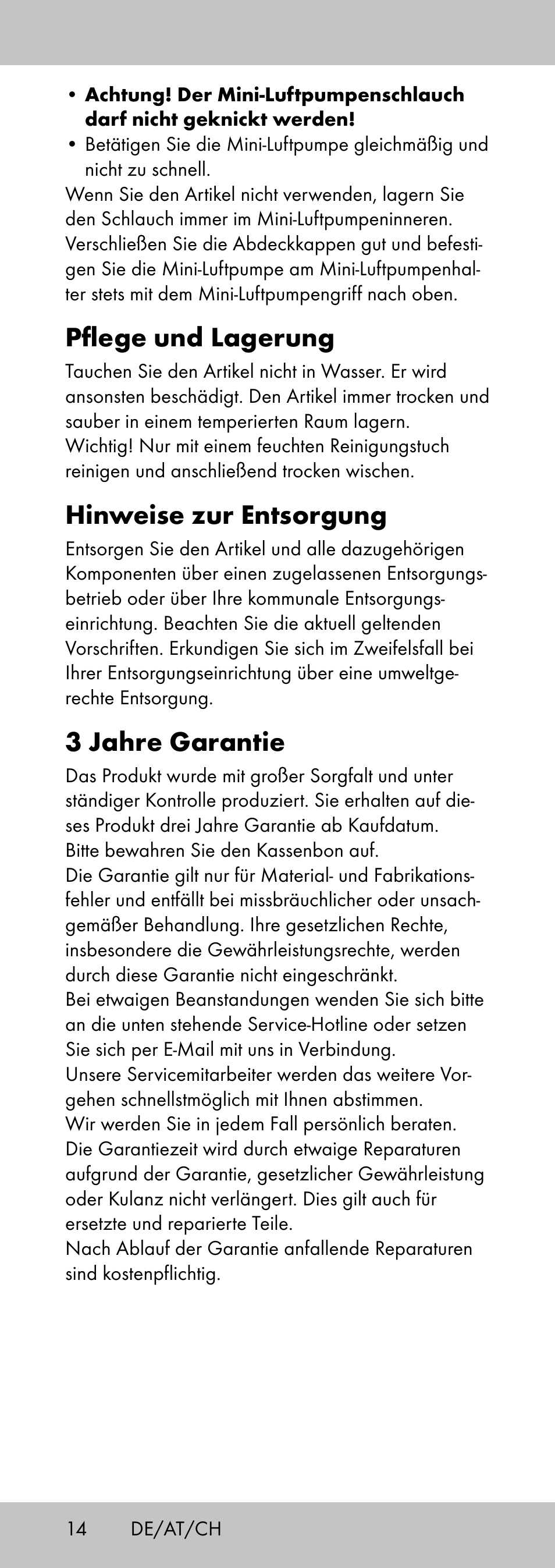 Pflege und lagerung, Hinweise zur entsorgung, 3 jahre garantie | Crivit MP-2058 User Manual | Page 14 / 20