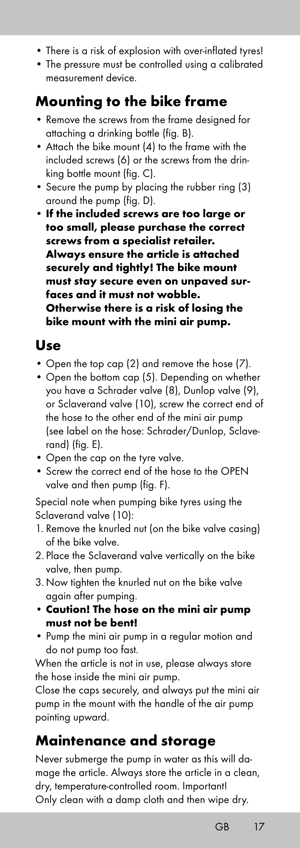 Mounting to the bike frame, Maintenance and storage | Crivit MP-2058 User Manual | Page 17 / 20
