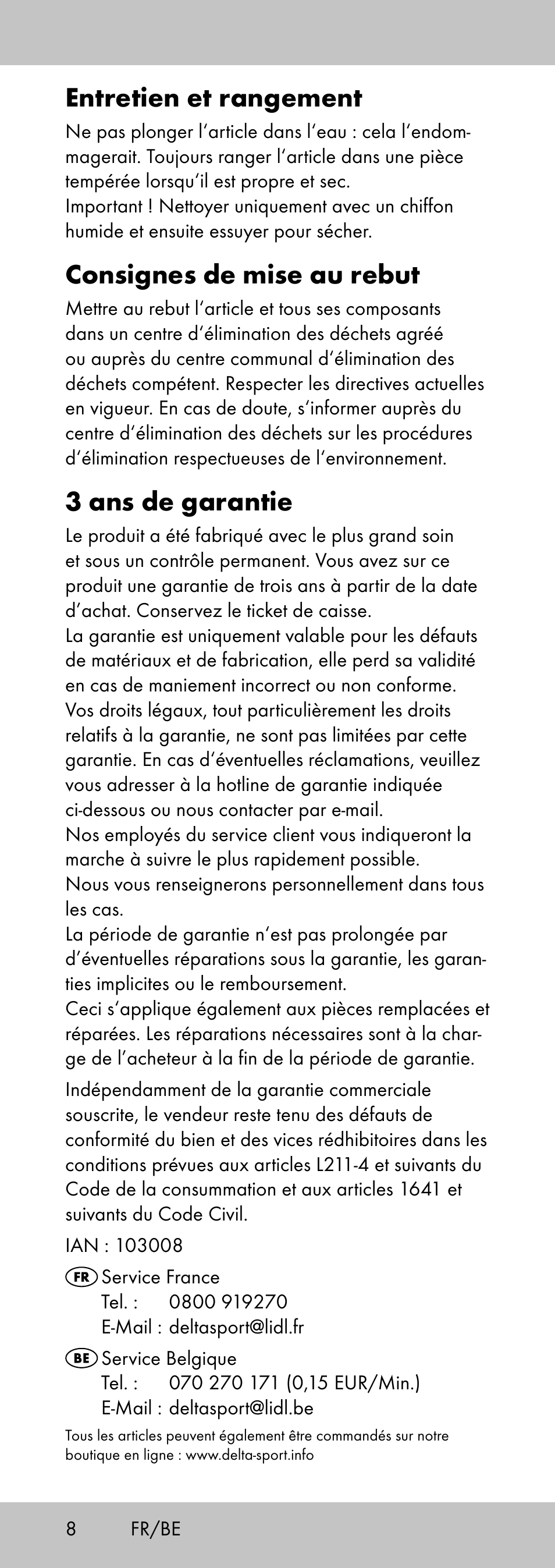 Entretien et rangement, Consignes de mise au rebut, 3 ans de garantie | Crivit MP-2058 User Manual | Page 8 / 20