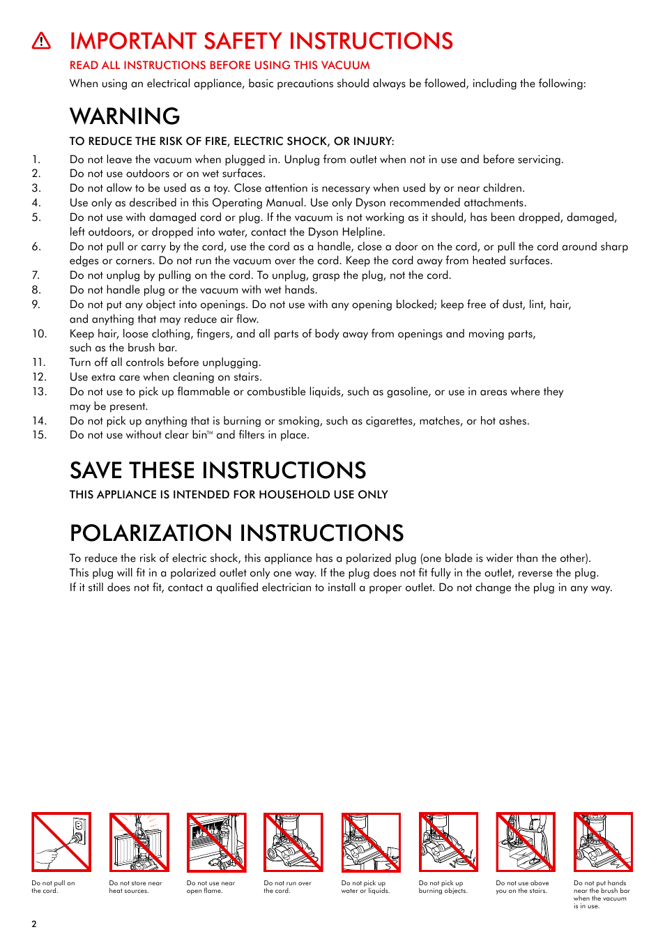 Important safety instructions, Warning, Save these instructions | Polarization instructions | DYSON DC28 User Manual | Page 2 / 16