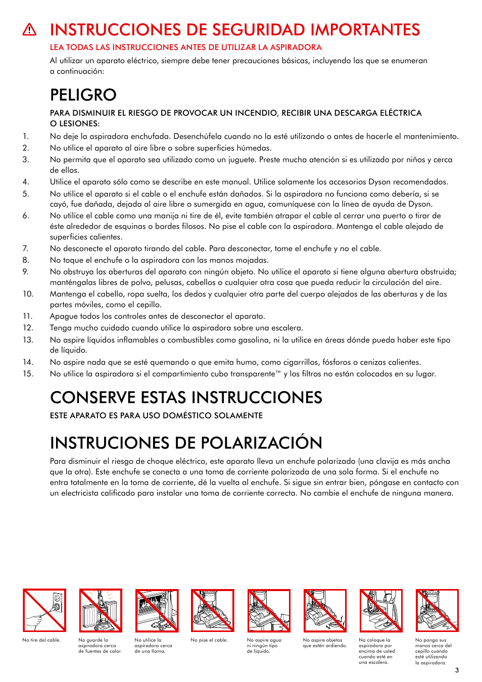 Instrucciones de seguridad importantes, Peligro, Conserve estas instrucciones | Instruciones de polarización | DYSON DC28 User Manual | Page 3 / 16