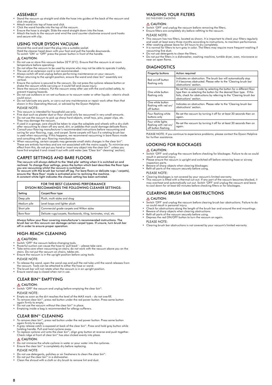 Assembly, Using your dyson vacuum, Carpet settings and bare floors | High-reach cleaning, Clear bin, Emptying, Cleaning, Washing your filters, Diagnostics, Looking for blockages | DYSON DC28 User Manual | Page 8 / 16