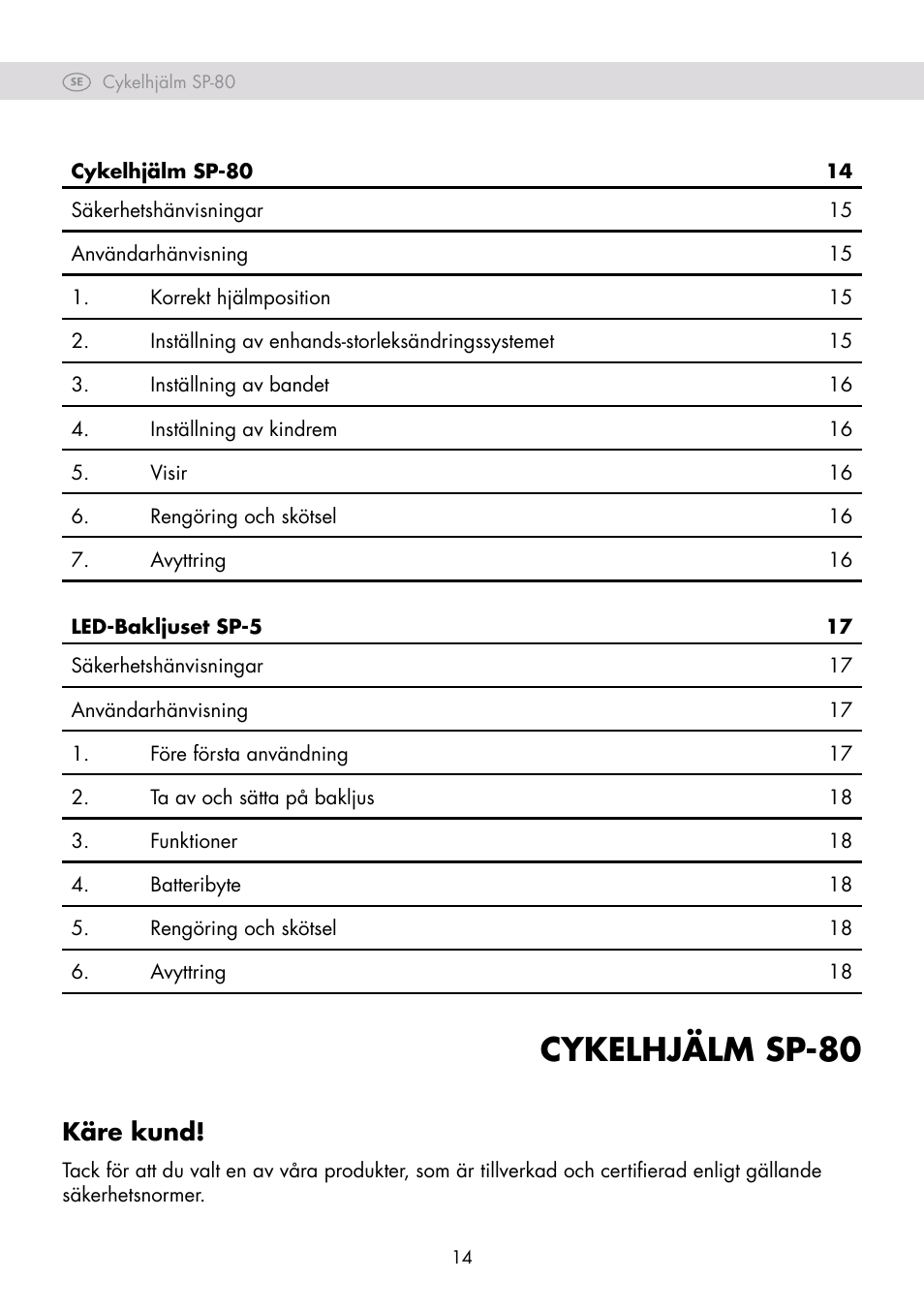 Cykelhjälm sp-80, Käre kund | Crivit SP-80 User Manual | Page 14 / 42
