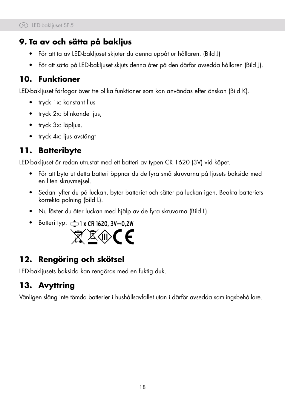 Ta av och sätta på bakljus, Funktioner, Batteribyte | Rengöring och skötsel, Avyttring | Crivit SP-80 User Manual | Page 18 / 42