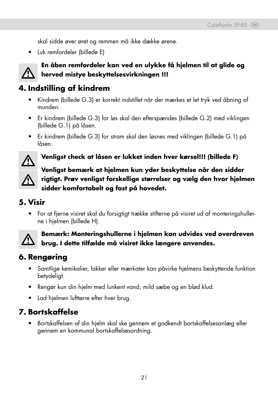 Indstilling af kindrem, Visir, Rengøring | Bortskaffelse | Crivit SP-80 User Manual | Page 21 / 42