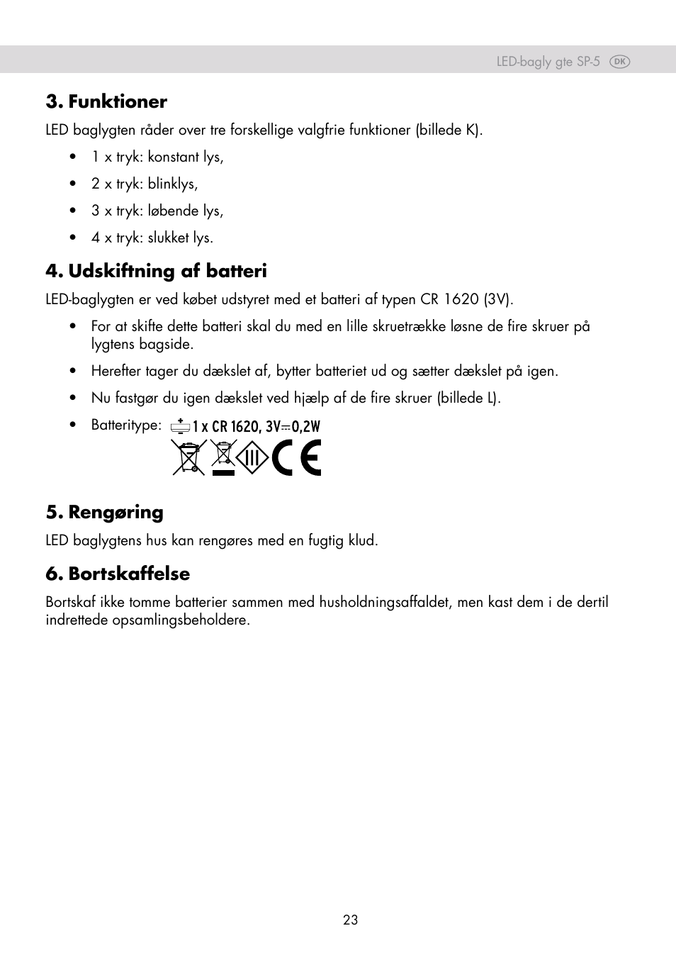 Funktioner, Udskiftning af batteri, Rengøring | Bortskaffelse | Crivit SP-80 User Manual | Page 23 / 42