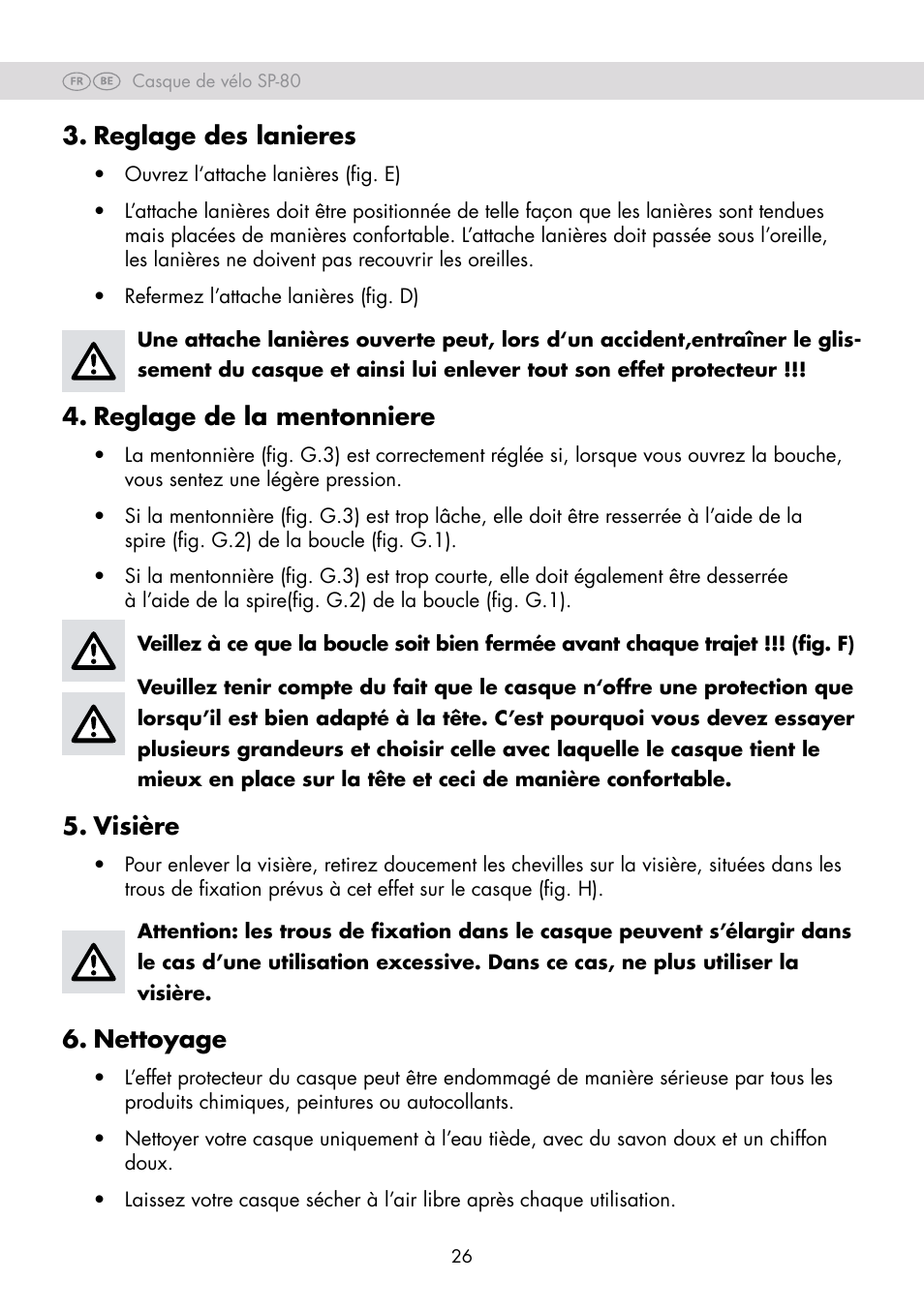 Reglage des lanieres, Reglage de la mentonniere, Visière | Nettoyage | Crivit SP-80 User Manual | Page 26 / 42