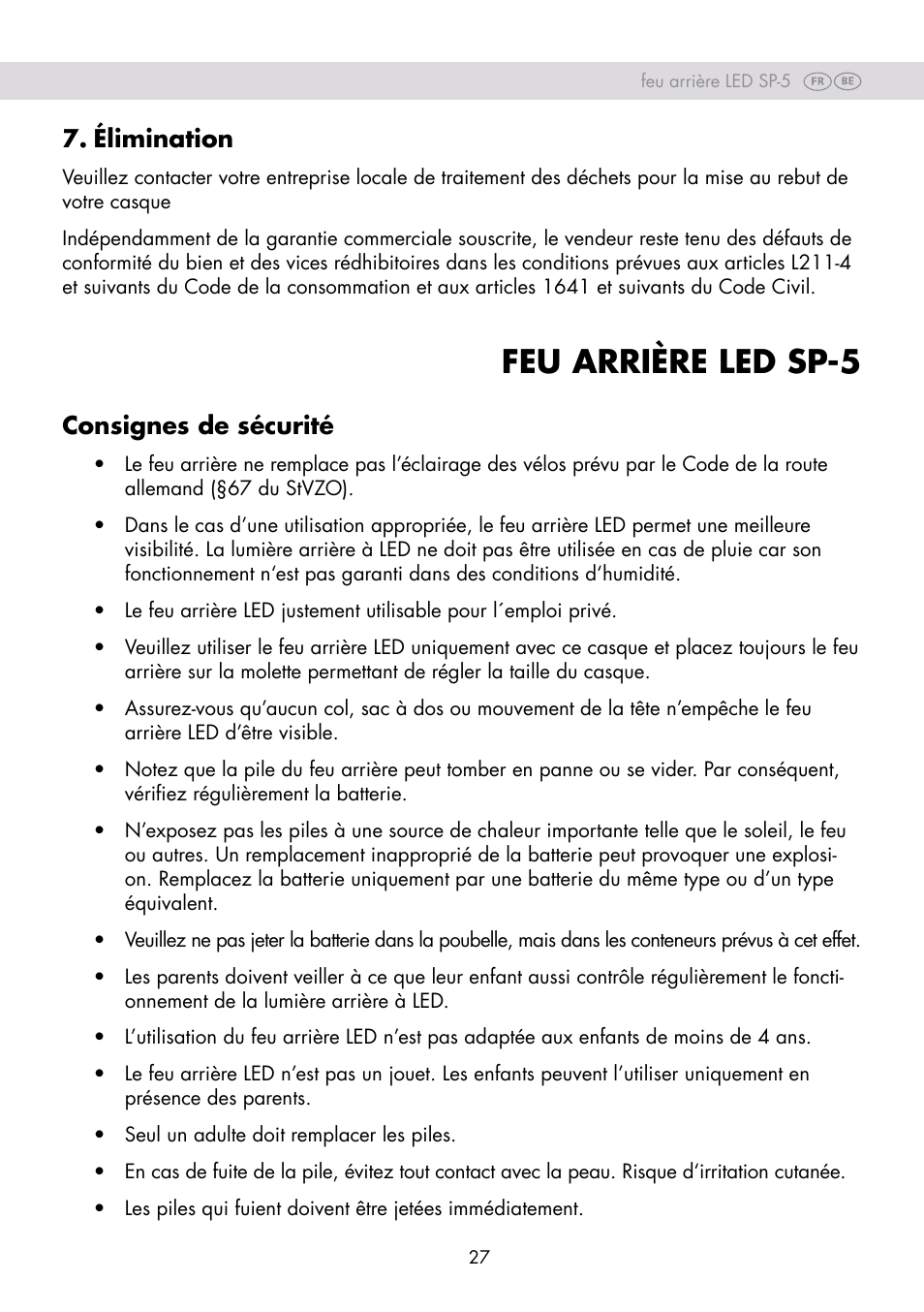 Feu arrière led sp-5, Élimination, Consignes de sécurité | Crivit SP-80 User Manual | Page 27 / 42