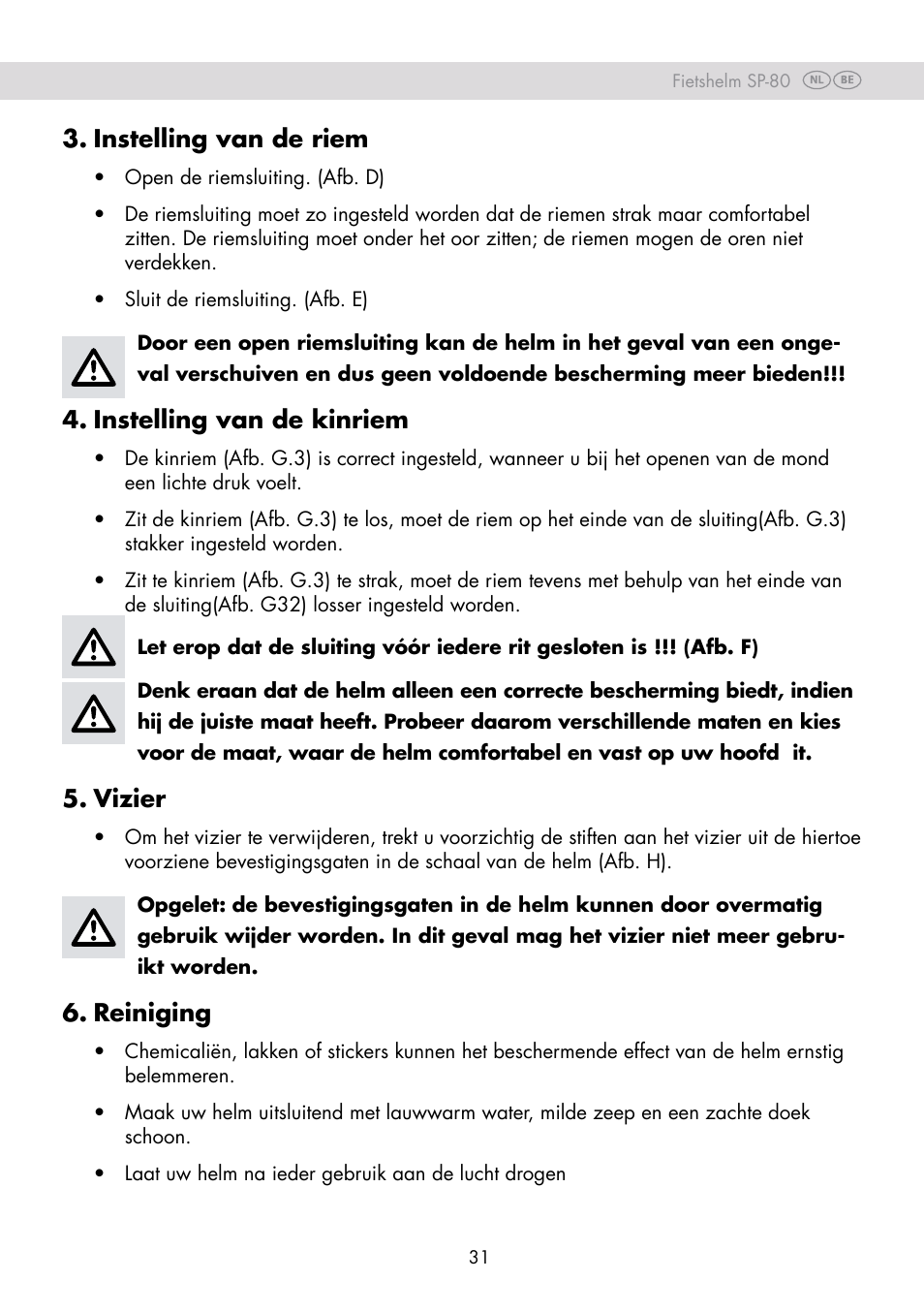 Instelling van de riem, Instelling van de kinriem, Vizier | Reiniging | Crivit SP-80 User Manual | Page 31 / 42