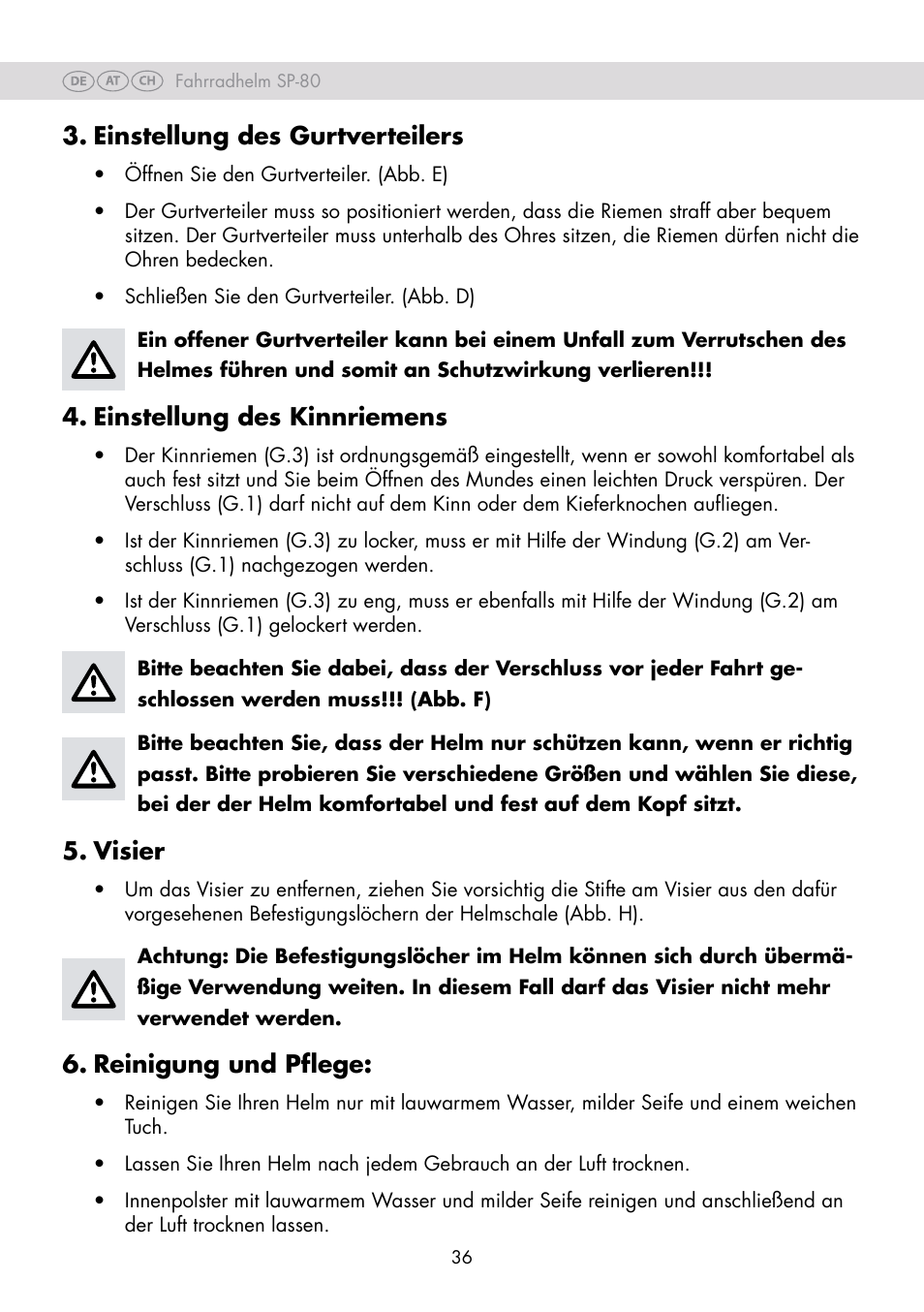 Einstellung des gurtverteilers, Einstellung des kinnriemens, Visier | Reinigung und pflege | Crivit SP-80 User Manual | Page 36 / 42