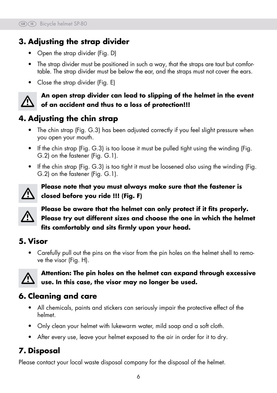 Adjusting the strap divider, Adjusting the chin strap, Visor | Cleaning and care, Disposal | Crivit SP-80 User Manual | Page 6 / 42