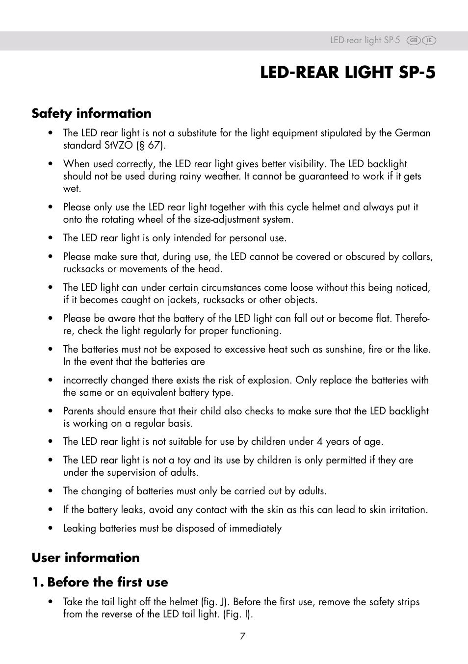 Led-rear light sp-5, Safety information, User information 1. before the first use | Crivit SP-80 User Manual | Page 7 / 42