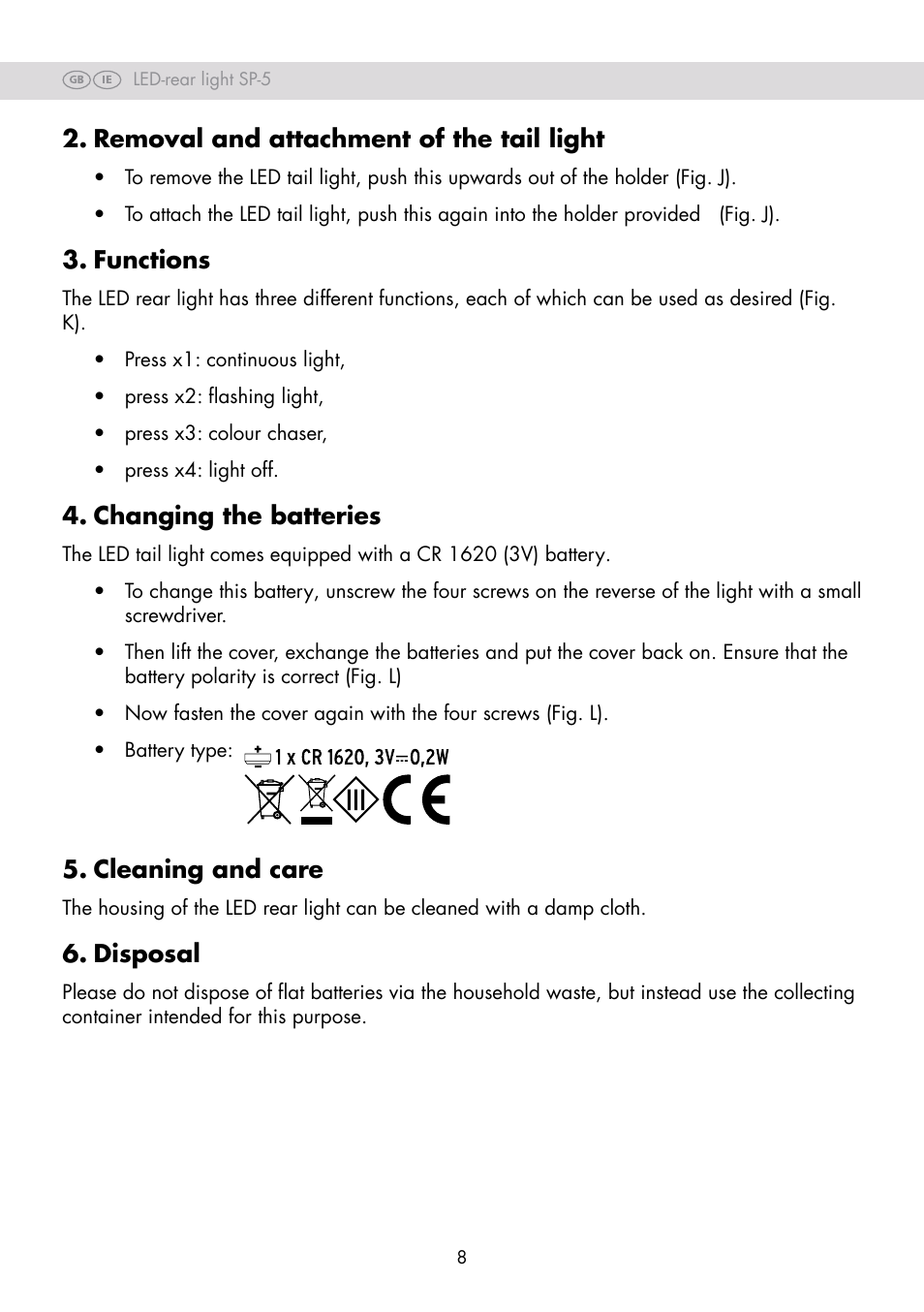 Removal and attachment of the tail light, Functions, Changing the batteries | Cleaning and care, Disposal | Crivit SP-80 User Manual | Page 8 / 42