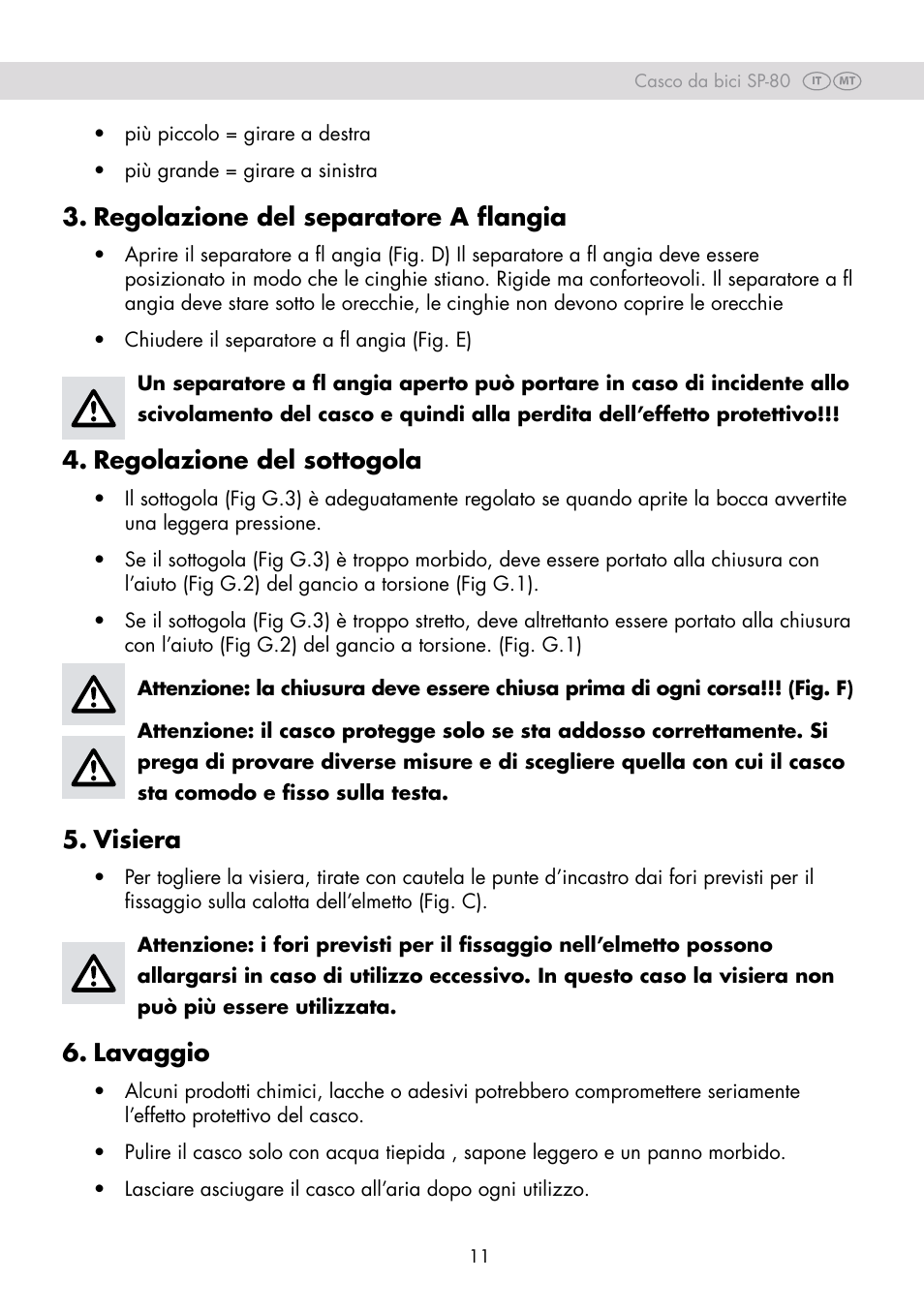 Regolazione del separatore a flangia, Regolazione del sottogola, Visiera | Lavaggio | Crivit SP-80 User Manual | Page 11 / 30