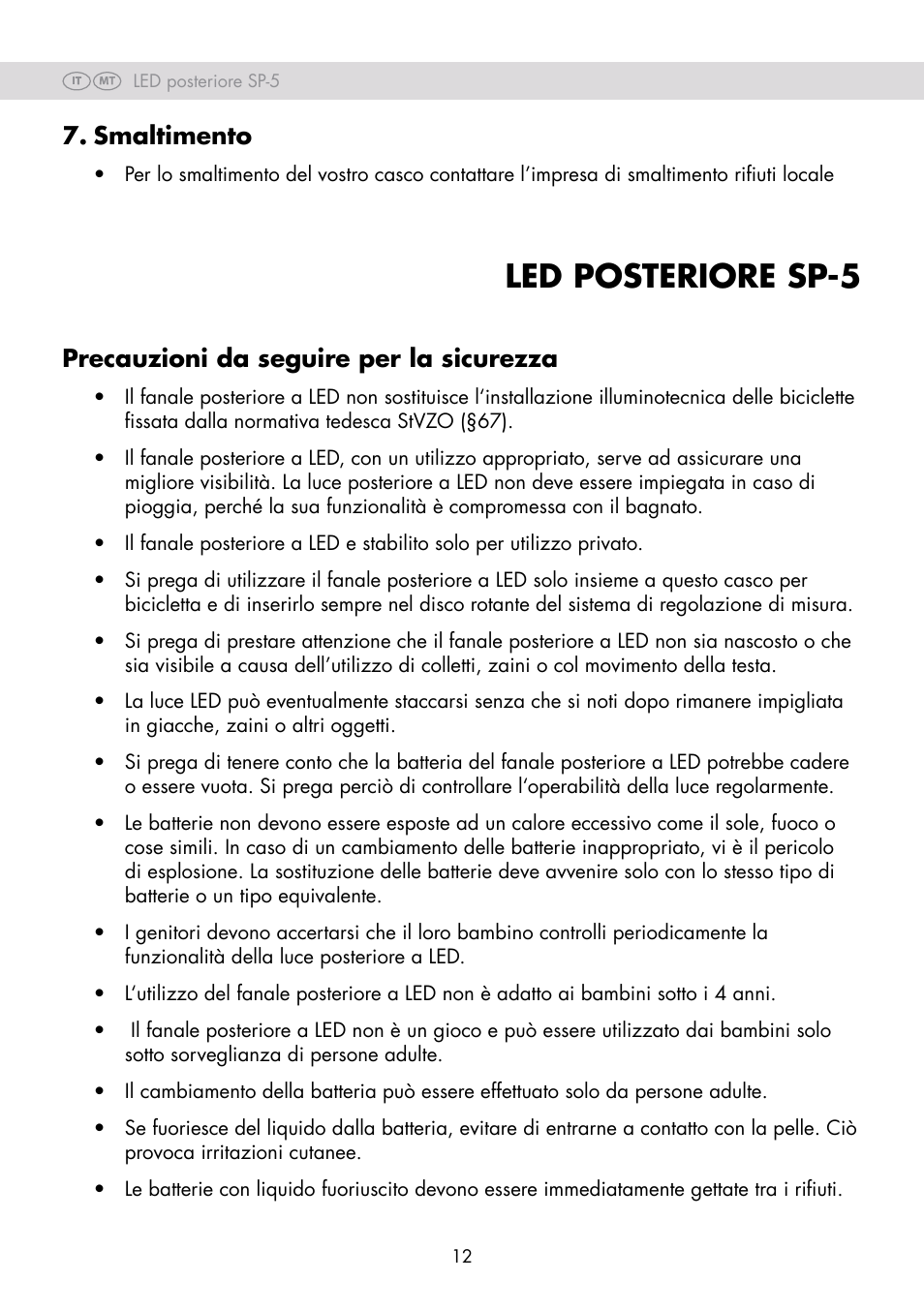 Led posteriore sp-5, Smaltimento, Precauzioni da seguire per la sicurezza | Crivit SP-80 User Manual | Page 12 / 30