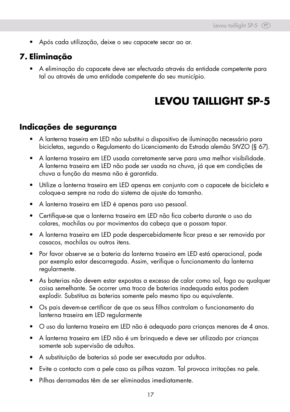 Levou taillight sp-5, Eliminação, Indicações de segurança | Crivit SP-80 User Manual | Page 17 / 30