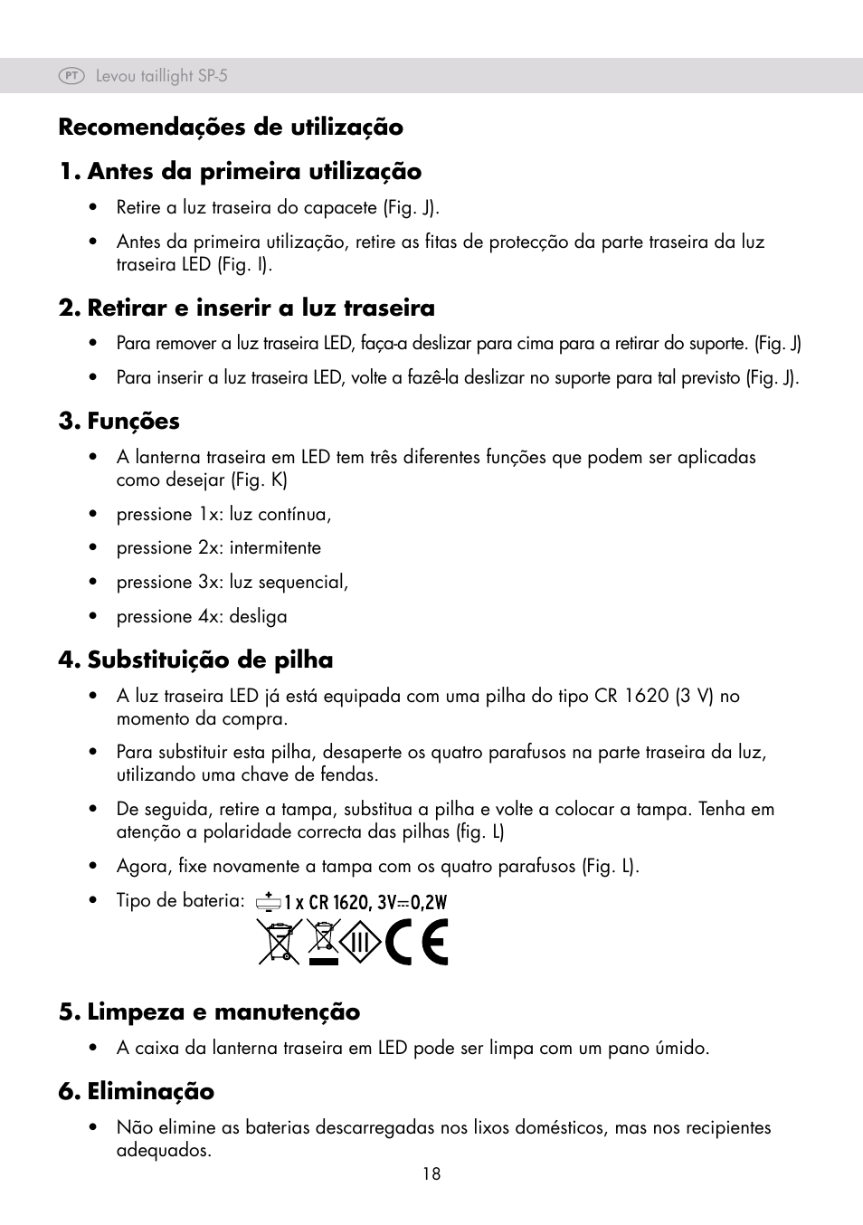 Retirar e inserir a luz traseira, Funções, Substituição de pilha | Limpeza e manutenção, Eliminação | Crivit SP-80 User Manual | Page 18 / 30