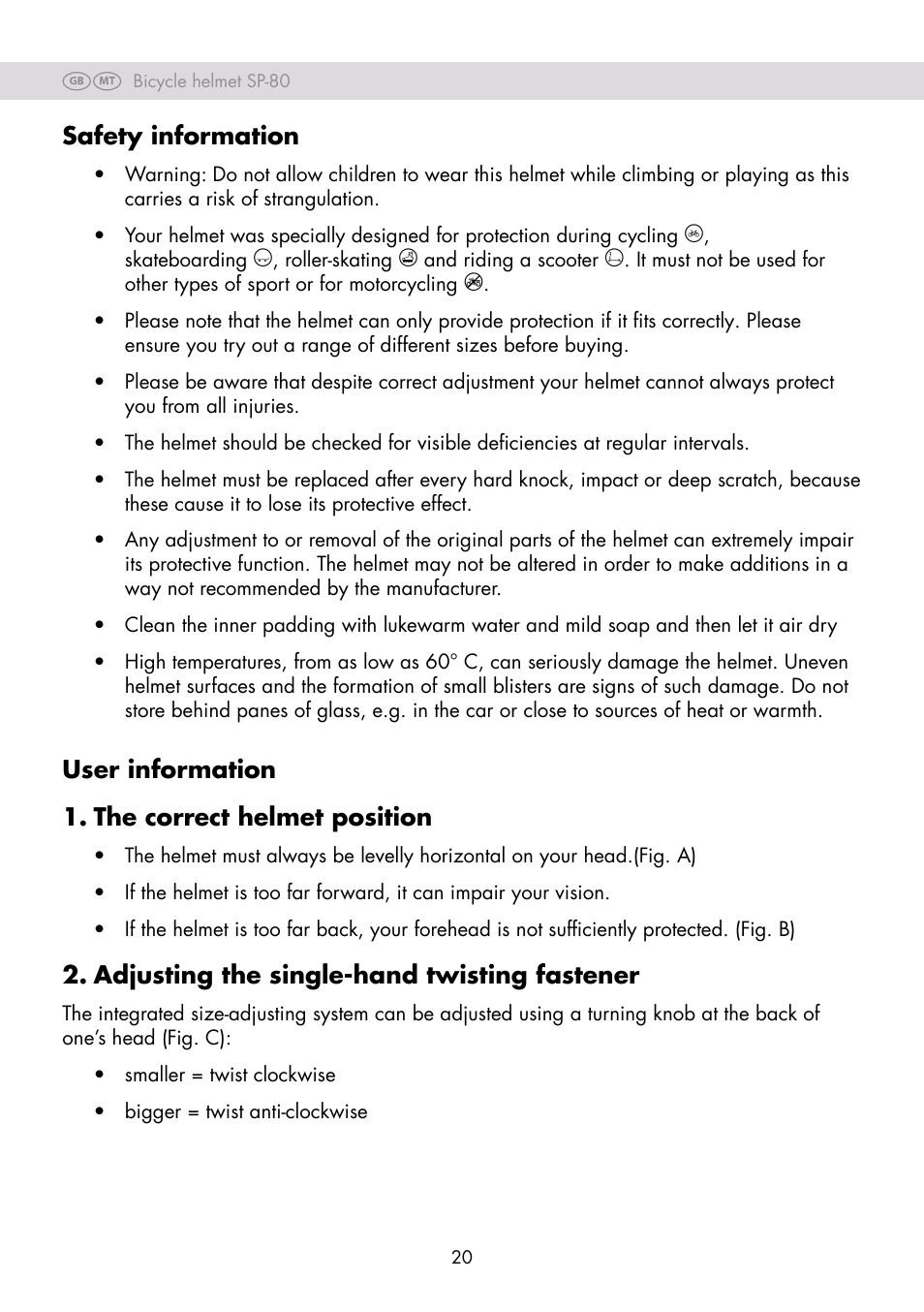 Safety information, User information 1. the correct helmet position, Adjusting the single-hand twisting fastener | Crivit SP-80 User Manual | Page 20 / 30