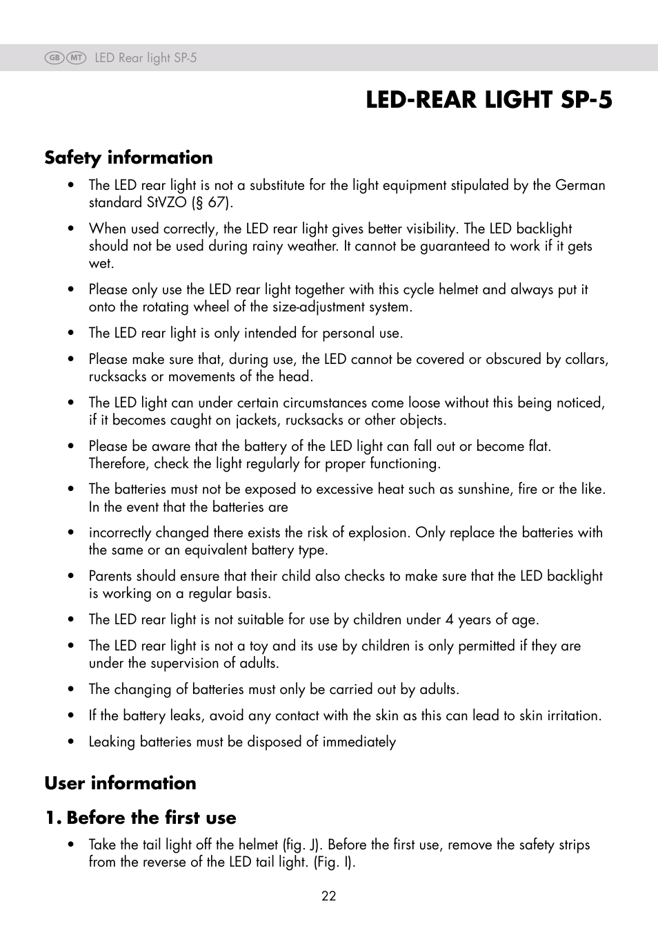 Led-rear light sp-5, Safety information, User information 1. before the first use | Crivit SP-80 User Manual | Page 22 / 30