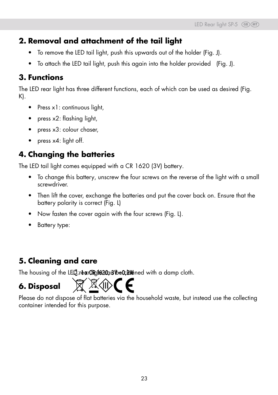 Removal and attachment of the tail light, Functions, Changing the batteries | Cleaning and care, Disposal | Crivit SP-80 User Manual | Page 23 / 30