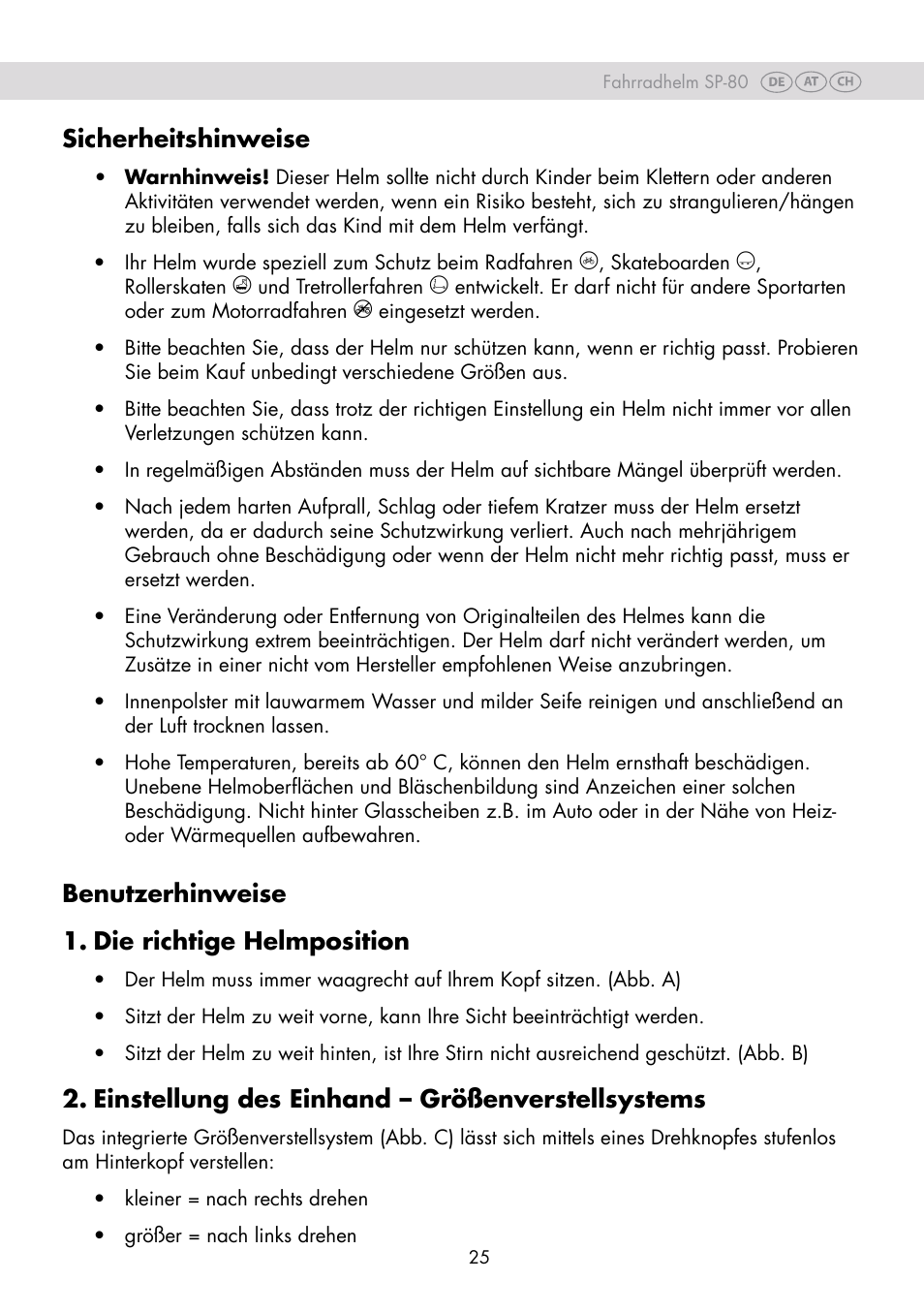 Sicherheitshinweise, Benutzerhinweise 1. die richtige helmposition, Einstellung des einhand – größenverstellsystems | Crivit SP-80 User Manual | Page 25 / 30