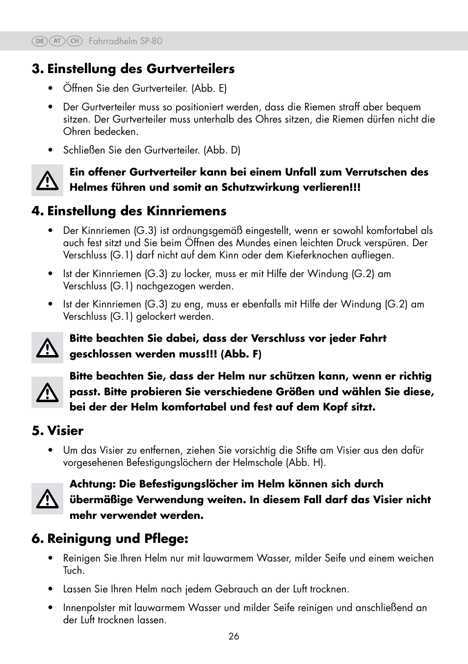 Einstellung des gurtverteilers, Einstellung des kinnriemens, Visier | Reinigung und pflege | Crivit SP-80 User Manual | Page 26 / 30