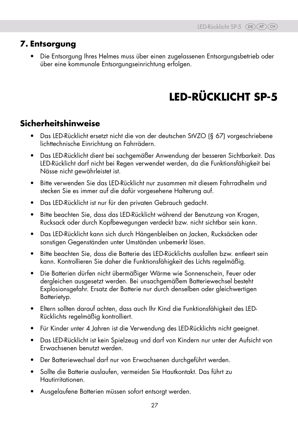 Led-rücklicht sp-5, Entsorgung, Sicherheitshinweise | Crivit SP-80 User Manual | Page 27 / 30