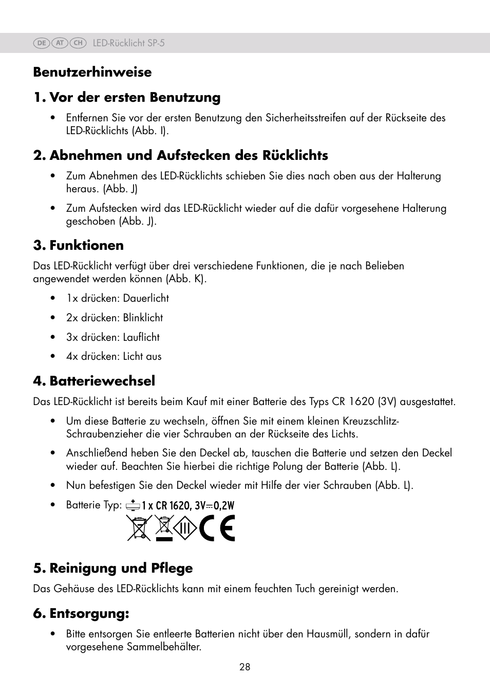 Benutzerhinweise 1. vor der ersten benutzung, Abnehmen und aufstecken des rücklichts, Funktionen | Batteriewechsel, Reinigung und pflege, Entsorgung | Crivit SP-80 User Manual | Page 28 / 30