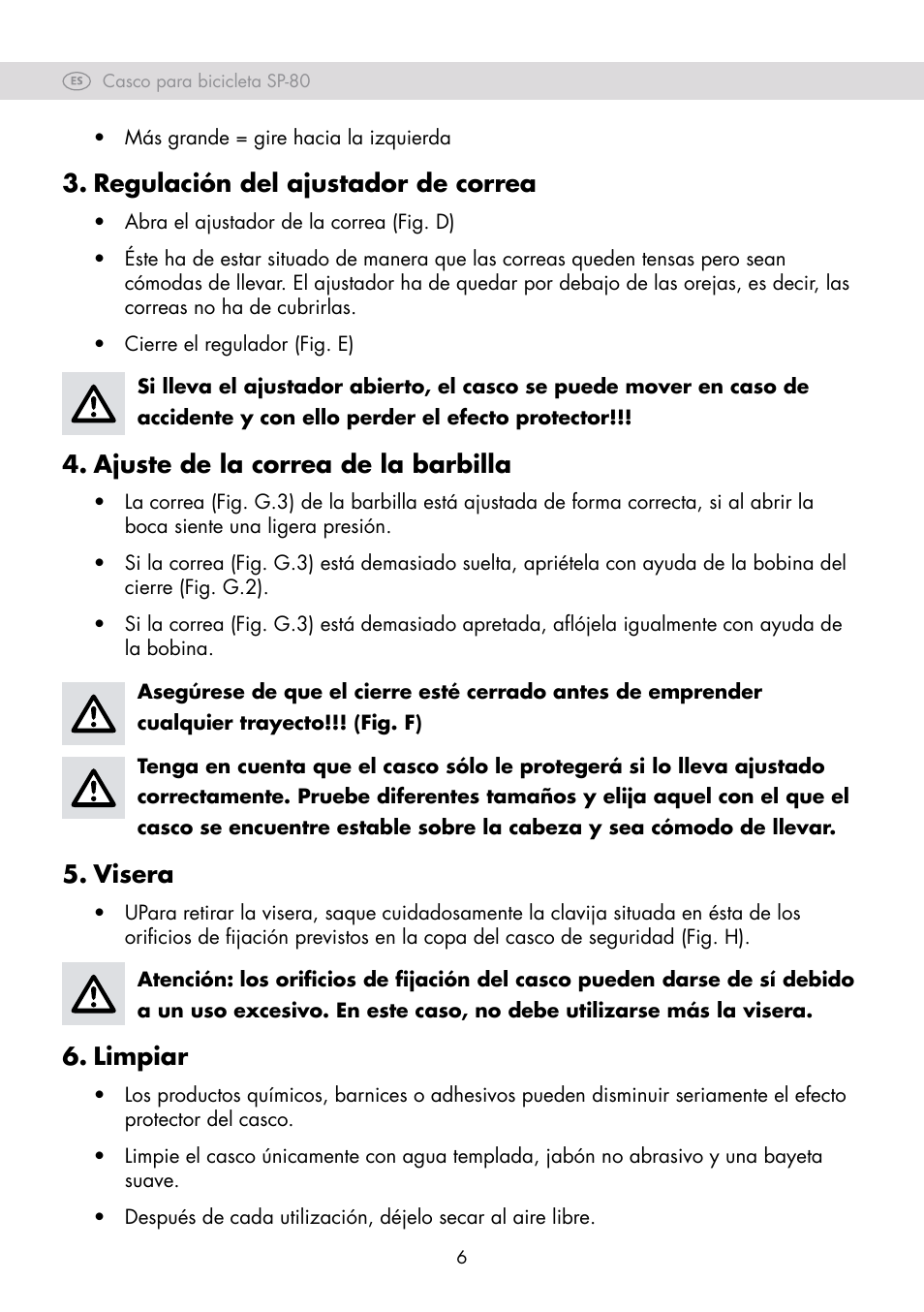 Regulación del ajustador de correa, Ajuste de la correa de la barbilla, Visera | Limpiar | Crivit SP-80 User Manual | Page 6 / 30