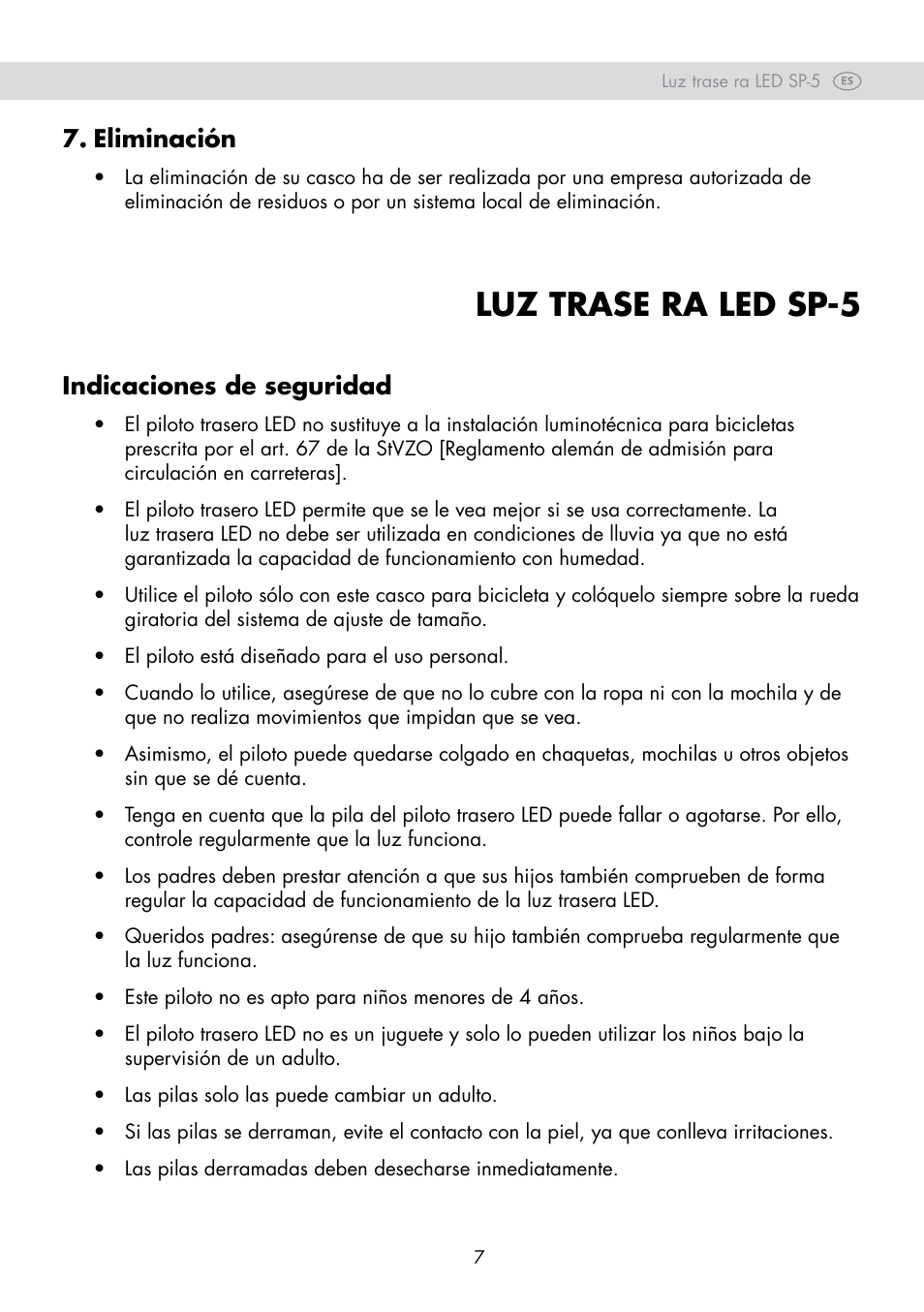 Luz trase ra led sp-5, Eliminación, Indicaciones de seguridad | Crivit SP-80 User Manual | Page 7 / 30