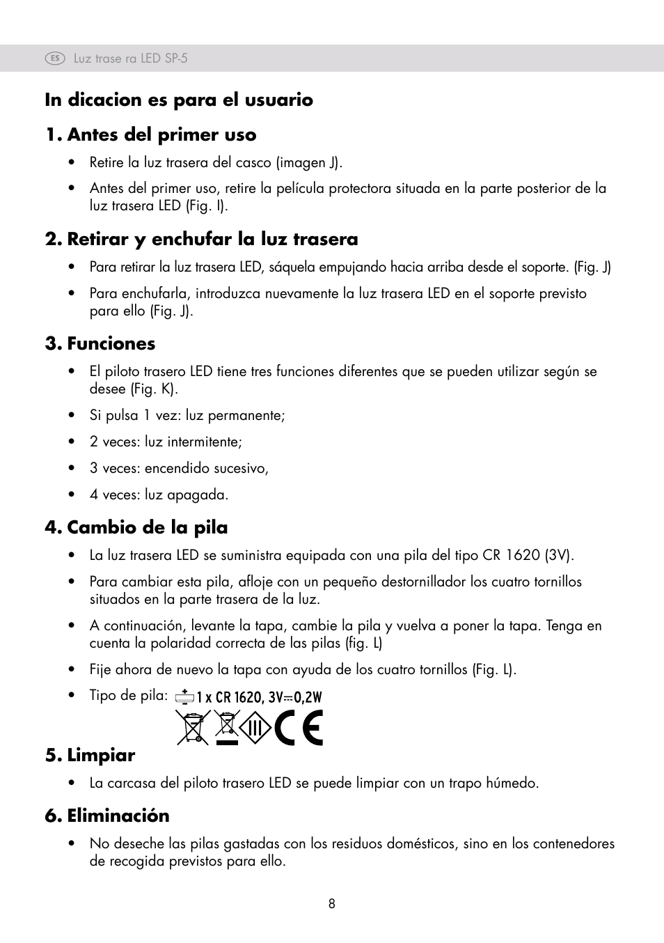 Retirar y enchufar la luz trasera, Funciones, Cambio de la pila | Limpiar, Eliminación | Crivit SP-80 User Manual | Page 8 / 30