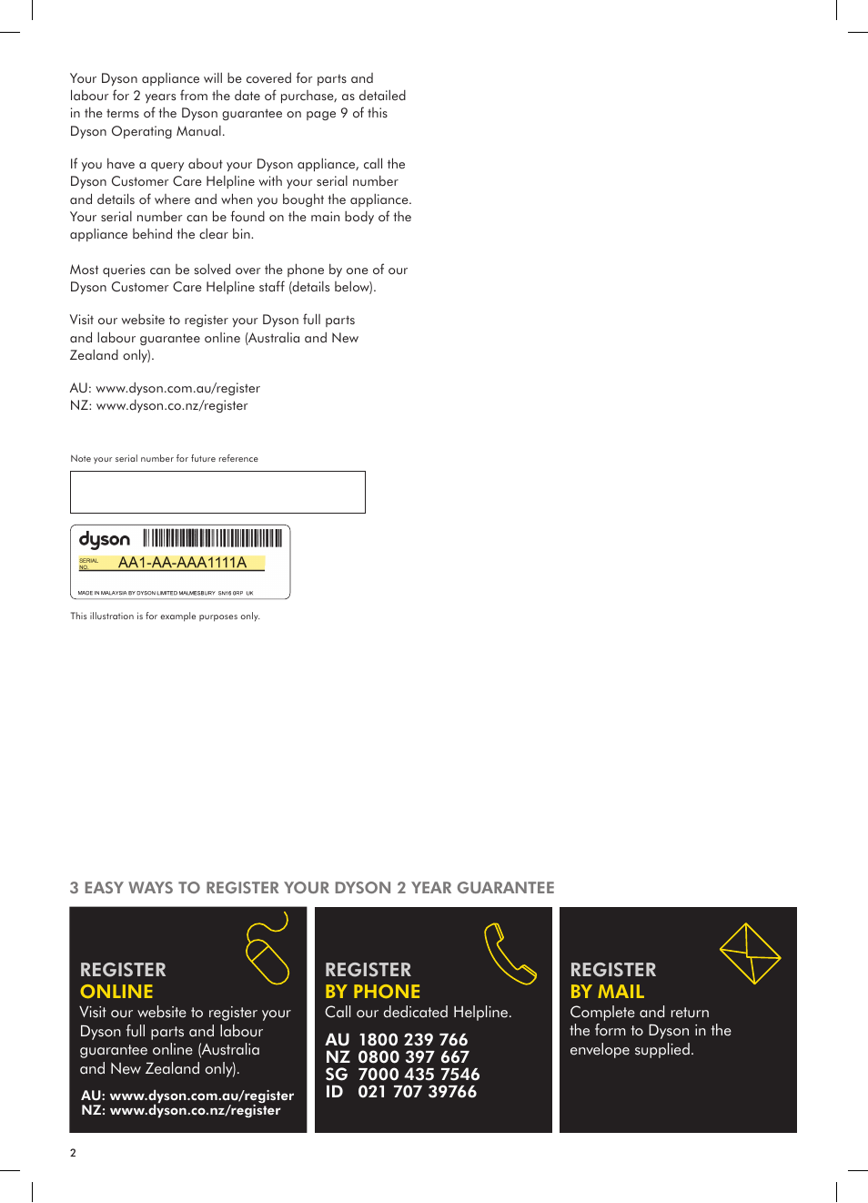 Register by mail, Register by phone, Register online | DYSON DC23 User Manual | Page 2 / 12